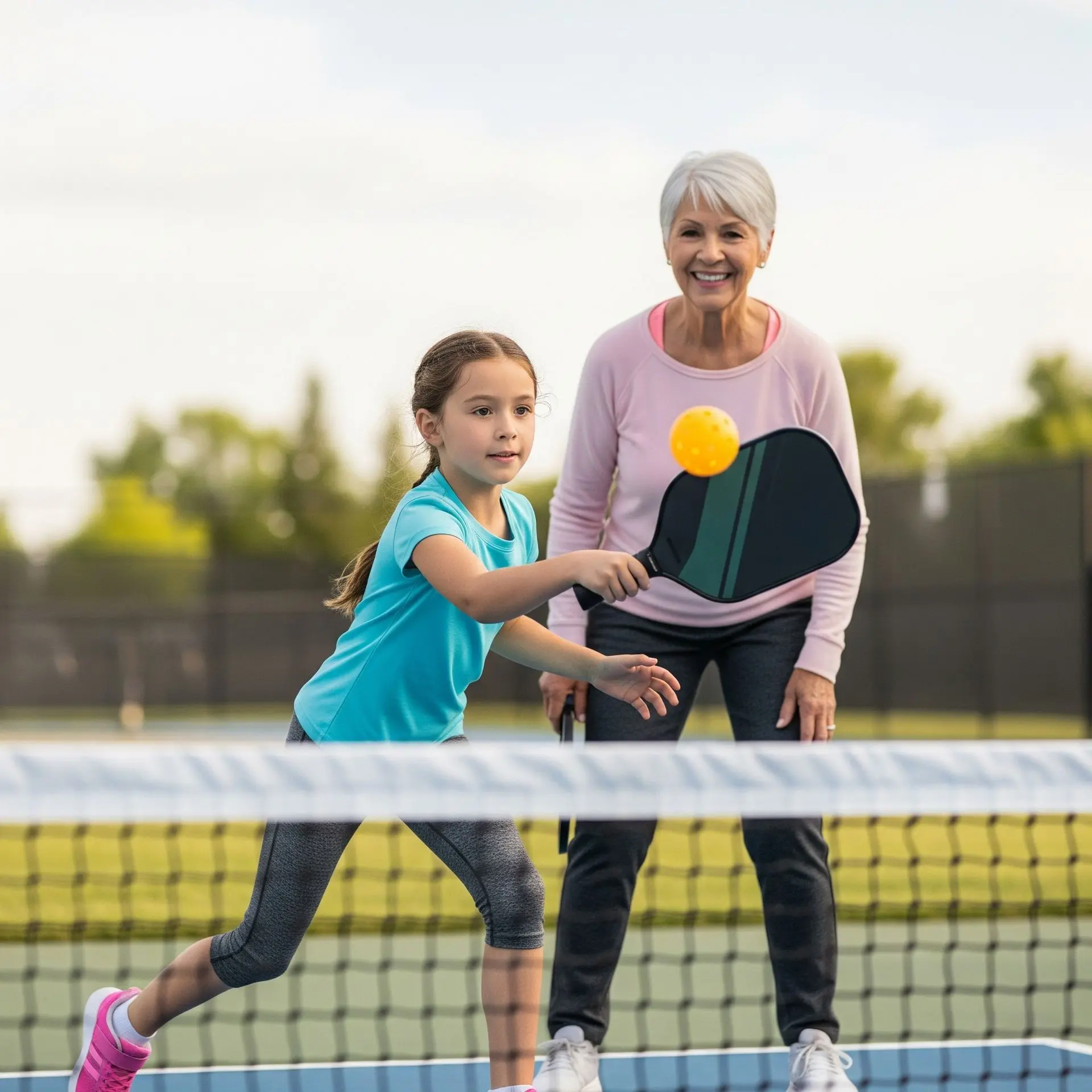 Grandmother and Grand Daughter Playing Pickleball