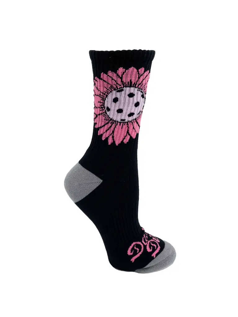 [DD-SOCK-FLW-BLK-M] Daisy Dink Women's Black Pickleball Crew Socks | Athletic Sock with Pink Daisy Graphic | Cushioned (US 6-9 / UK 36-40)