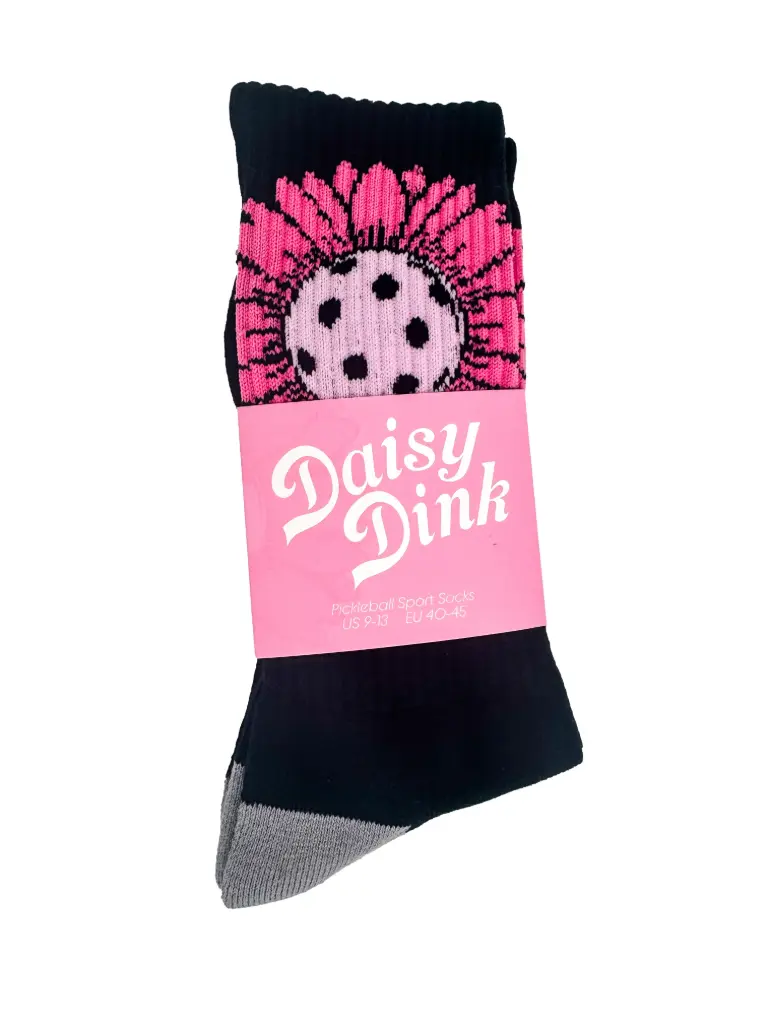 Daisy Dink Women's Black Pickleball Crew Socks | Athletic Sock with Pink Daisy Graphic | Cushioned