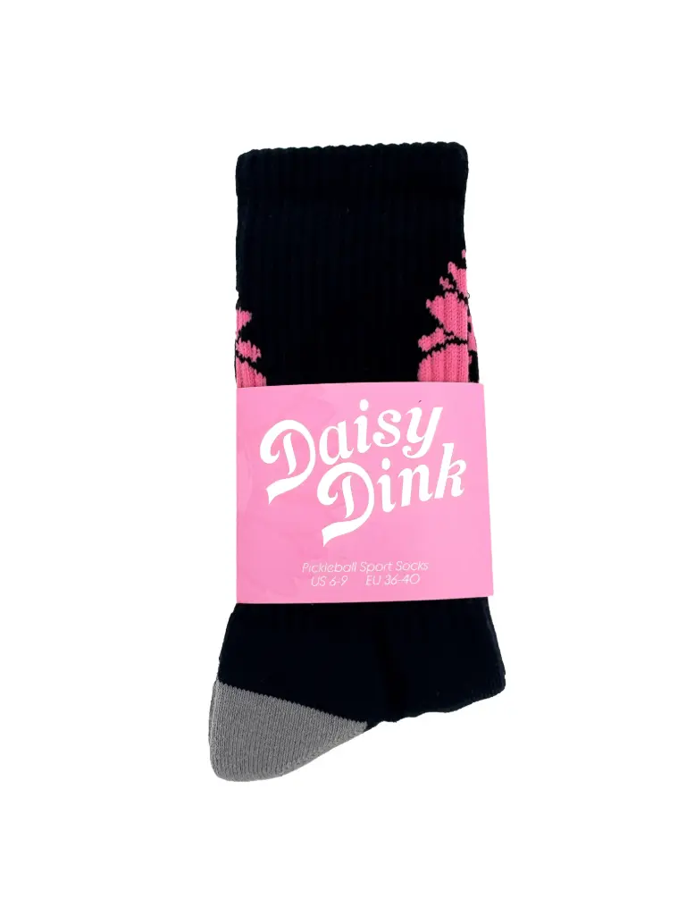 Daisy Dink Women's Pickleball Socks | Black & Pink Daisy Graphic Athletic Sock
