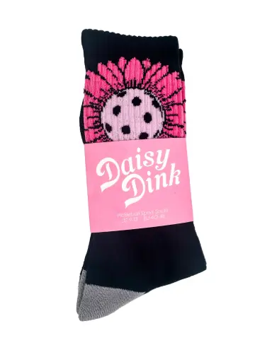 Daisy Dink Women's Black Pickleball Crew Socks | Athletic Sock with Pink Daisy Graphic | Cushioned